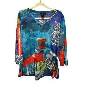 Ali Miles Sweater Women's XL Abstract V-Neck Office Tunic Patchwork Print